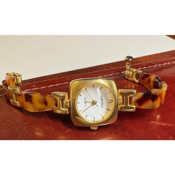 Women's Gold Tone 22mm Lavoni Quartz Watch, Tortoise Shell Look - Picture 2 of 3